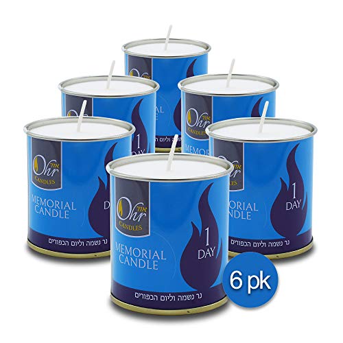 1 Day Yahrzeit Candle - 6 Pack - 24 Hour Kosher Yahrtzeit Memorial and Yom Kippur Candle in Tin Cup Holder - size: 6 Pack