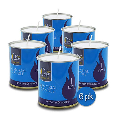 1 Day Yahrzeit Candle - 6 Pack - 24 Hour Kosher Yahrtzeit Memorial and Yom Kippur Candle in Tin Cup Holder - size: 6 Pack
