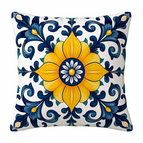 Classic Portuguese Throw Pillow Cover,Yellow and Blue Mediterranean Floral Tile Decorative Pillow Case,Ornate Bohemian Cotton Linen Cushion Case for Home Decor 18 * 18 Inch - color: Settype10