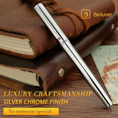BEILUNER Silver Fountain Pen,Stunning Luxury Pens with Bright Silver Chrome, Gorgeous 24K Gilded Nib(Medium), Fancy Pen Gift for Men&Women -Ink Converter-Elegant, Office,Nice Pen for Writing - color: Silver, style: Medium Nib