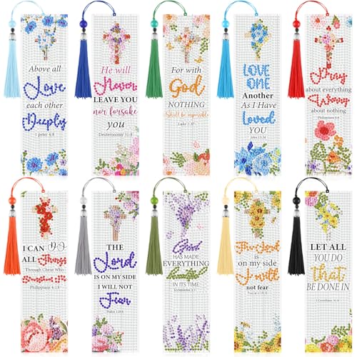 Sinload 10 Pcs Diamond Art Bookmark Christian Bible Verse Bookmarks Kits - style: Christian