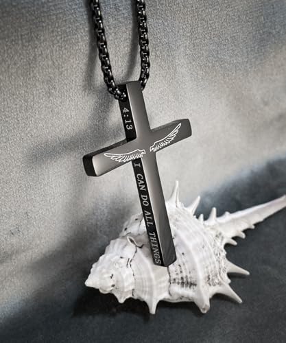 Cross Necklace Stainless Steel Necklace Religious Bible Verse Pendant Crucifix Necklace Faith Jewelry with 22' Chain - style: PH4:13 WINGS BLACK