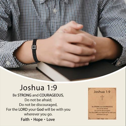 Christian Cross Bracelet for Boys Men- Adjustable Rope Bracelet Christian Religious Jewelry Gifts Ideas for Teen Boys Kids - color: Black-Joshua 1:9