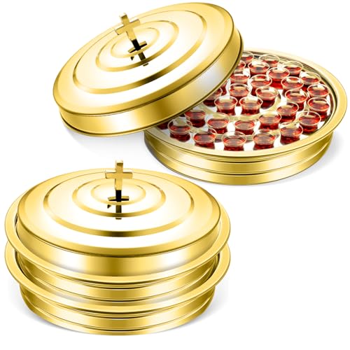 Jingmore Communion 2 Trays with Lid Christmas Holy Wine Serving Trays House up 80 Cups Stacking Stainless Steel Churches Ware Wine Bread Christmas Party Supplies (Gold) - color: Gold