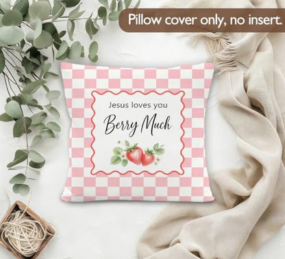 Pink Preppy Checkered Christian Strawberry Pillow Cover 18x18 Decor - color: Berry