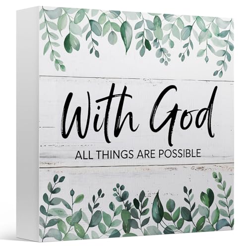 Bible Verse Desk Decor Signage for Office Home, With God All Things are Possible, Wooden Sign 5x5 Inches - color: Beige