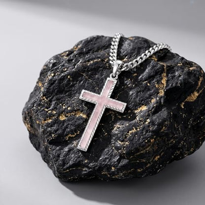 MRENITE Silver Natural Stone Cross Necklace, Classic Latin Cross Pendant Necklace for Unisex Women Man, Vintage Crystal Quartz Cross Necklace with 20+2 Inches Adjustable Cuban Chain - style: Rose Quartz