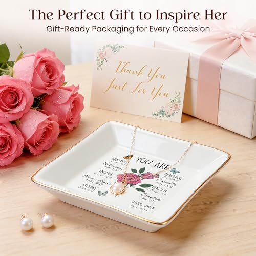 PUDDING CABIN Birthday Gifts for Women, Pink Rose Scripture Jewelry Dish, Christian Gift - style: Rose: Love, Beauty, Devotion(June Birth Flower)