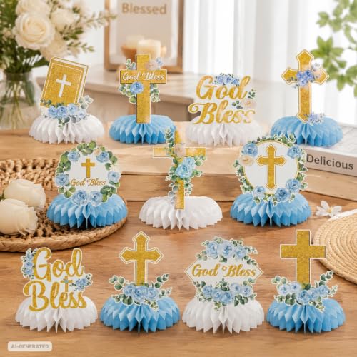 11Pcs Blue Floral God Bless Honeycomb Centerpieces, Baptism Christening Table Decorations, Christian Cross Religious Centerpiece for Baby Shower First Communion Birthday Party Supplies