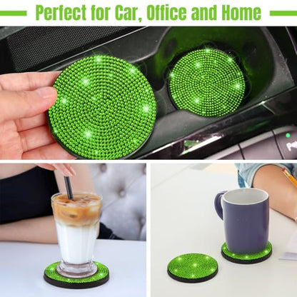 ToBeQueen Green Car Cup Coasters, 4 Pack Crystal Rhinestone Diamond Bling Car Coasters Universal Anti-Slip Shockproof Car Cup Holder Coaster Auto Interior Accessories for Women Girl, Grass Green - color: J-grass Green