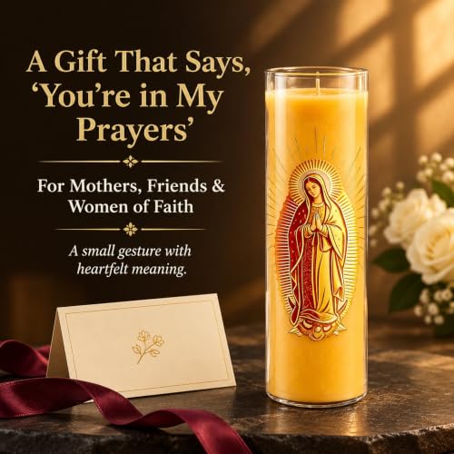 Virgen de Guadalupe Beeswax Pillar Candle, 68Hr Burn, 1 Pack - color: Yellow