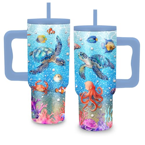 24 oz Tumbler with Handle and Straw, Sea Turtle Gifts, Stainless Steel - color: Sea Turtle 2