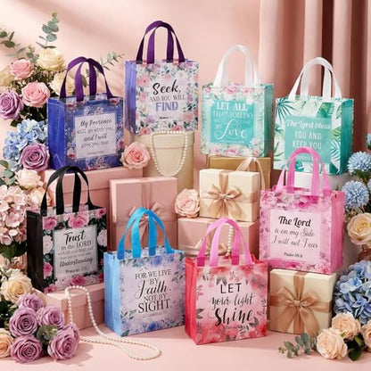 Mowouhn 32 Pcs Flower Christian Gifts Bags with Handles Religious Gifts Bag Bulk for Women, Non-Woven Reusable Bible Verse Scripture Tote Baptism Church Holiday Inspirational Christian Party Favor