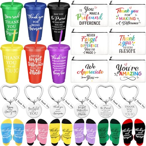 Funnymoom 24 Pcs Employee Appreciation Gifts Bulk for Women 24 oz Plastic Tumbler Cup Inspirational Makeup Cosmetic Bag Crew Sock Keychain Thank You Gift for Teachers School Staff Team Coworker - style: Employee