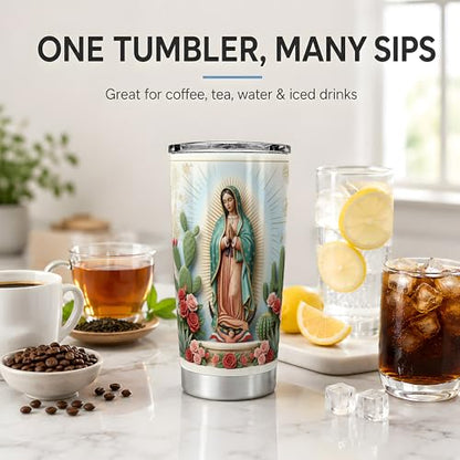 Virgin Mary Desert Halo 20oz Tumbler, Marian Devotion Tumbler, Daily Coffee Cup, Teal Cloak With Cactus And Roses, Golden Rays, Catholic Prayer Art, Faithful Catholic Women And Men - color: Virgin Mary 5