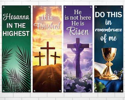 4Pcs Easter Church Banners for Sanctuary Wall Welcome Religious Banners Hanging Backdrop Easter Porch Signs Bible Verses Banner Scripture Hanging Signs for Church School Decor - style: Religious Scripture