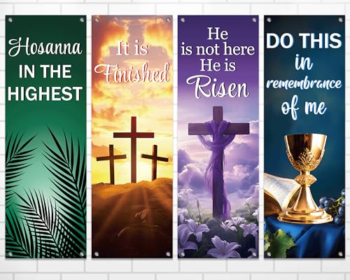 4Pcs Easter Church Banners for Sanctuary Wall Welcome Religious Banners Hanging Backdrop Easter Porch Signs Bible Verses Banner Scripture Hanging Signs for Church School Decor - style: Religious Scripture