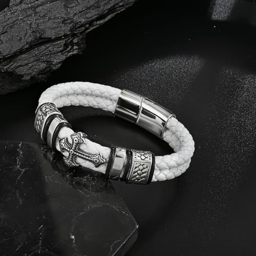 Mens Christian Cross Double Row Leather Bracelet, Religious Braided Cuff Bracelet for Men - color: White, size: 8.1 inches