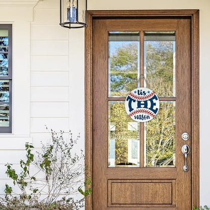 Baseball Sport Front Door Sign, Tis The Season Wood Hanger Outdoor - color: Baseball