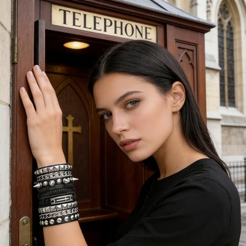 4 Pcs Leather Cuff Bracelets for Men with Spiked Cross Studded Stars Charms - color: Black-Cross