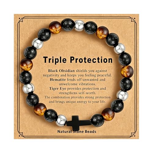Gifts for Men Bracelets Triple Protection Cross Bracelet 8mm Black Obsidian Hematite Tiger Eye Beaded Natural Stone Bracelets Birthday Jewelry Gifts Cross Christian Gift for Him Husband Son - color: 2--Mix