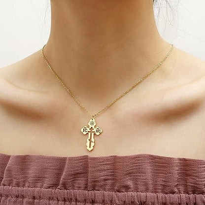 Stainless Steel Eastern Orthodox Cross Pendant Necklace,18K Gold Plated Women Religious Cross Christ Necklace Jewelry 18 Inch Chain - color: Gold
