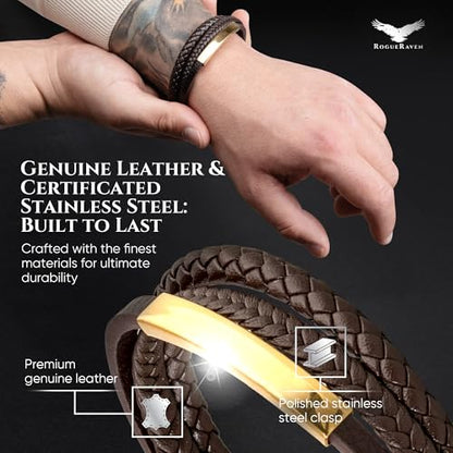 RogueRaven Black Leather Bracelet for Men – Premium Collection – Brown Black Gold Silver | Genuine Leather Mens Bracelet with Stainless Steel Clasp [Adjustable] | In Luxury Gift Box - color: Brown gold