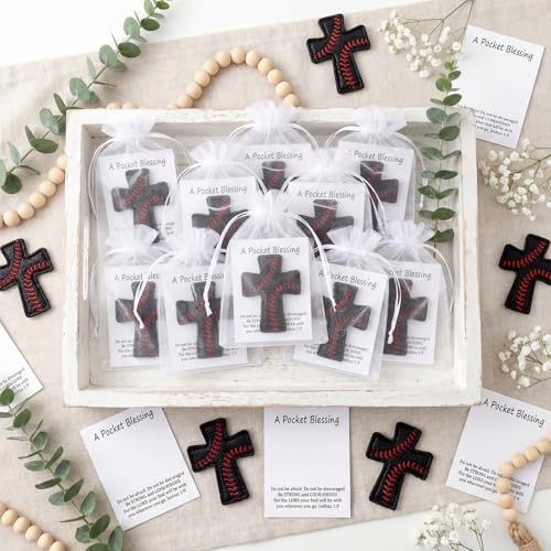 Hollowfly 12 Set Black Baseball A Pocket Blessing with Gift Cards and Organza Bags Cross Pockets Blessing Baseball Encouragement Gifts Christian Keepsake for Athletes Players Sports Lovers Team - style: Black Baseball Cross