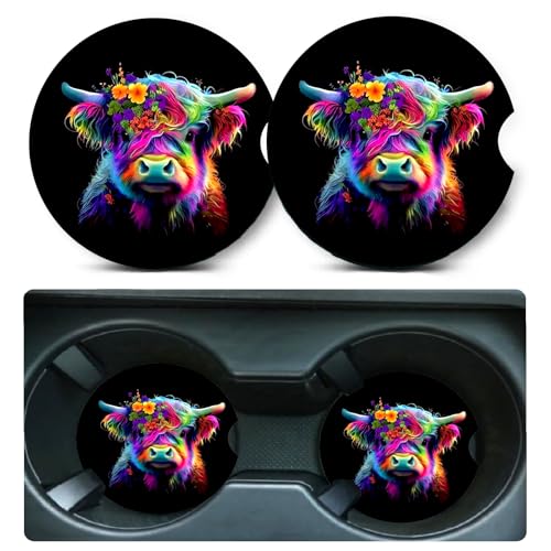 2 Pack Highland Cow Car Cup Holder Coasters Universal Neoprene Coasters - color: Colour Cow