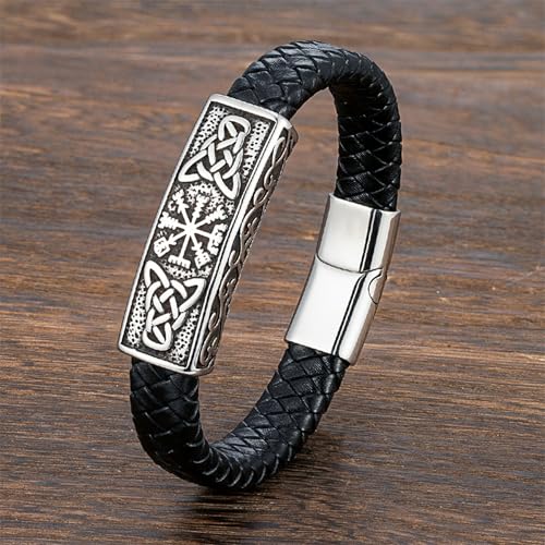 YL Mens Cross Viking Celtic Ankh Odin Compass Life Tree Leather Bracelet, 18K Gold/Black Rhodium Stainless Steel Christian Religious Protection Talisman Brown Cuff Handcrafted Jewelry Gifts - color: 18K White Gold-Celtic Compass, size: 8.3"(210mm)