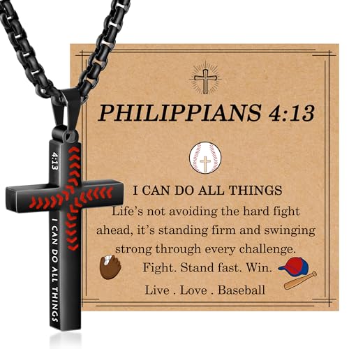 Baseball Cross Necklaces for Boys Men, Colourfast Stainless Steel Bible Verse Cross Chain Pendant Necklace Baseball Accessories Stuff Confirmation First Communion Gifts for Boys Teens - color: Black