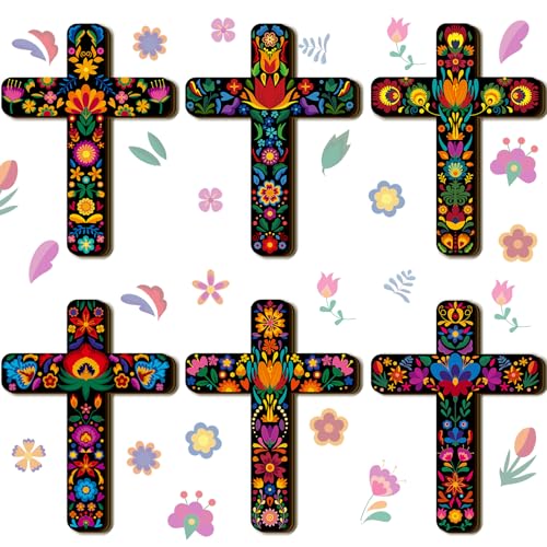 Soaoo 6 Pcs Mexican Cross Wall Decor Hand Painted Wooden Crucifix,Floral