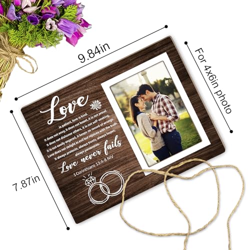 Rustic Photo Frame,Couples Picture Frame,1 Corinthians 13:4-8 Love Never Fails,Couple Gift for Wedding Anniversary, Engagement,Bridal Shower and Valentine's Day Gift 12P043