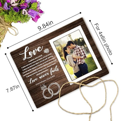 Rustic Photo Frame,Couples Picture Frame,1 Corinthians 13:4-8 Love Never Fails,Couple Gift for Wedding Anniversary, Engagement,Bridal Shower and Valentine's Day Gift 12P043