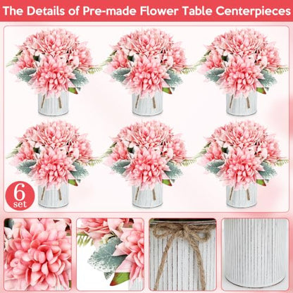6 Set Pre-Made Flower Table Centerpieces (Retro Pink, 6 X Dahlias Table Centerpieces) - color: Retro Pink, size: 6 X Dahlias Table Centerpieces