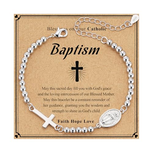 First Communion Gifts for Girls Virgin Mary Cross Bracelet Non Tarnish Baptism 1st Holy Communion Confirmation Gifts Christian Religious Catholic Jewelry - color: Baptism,Silver