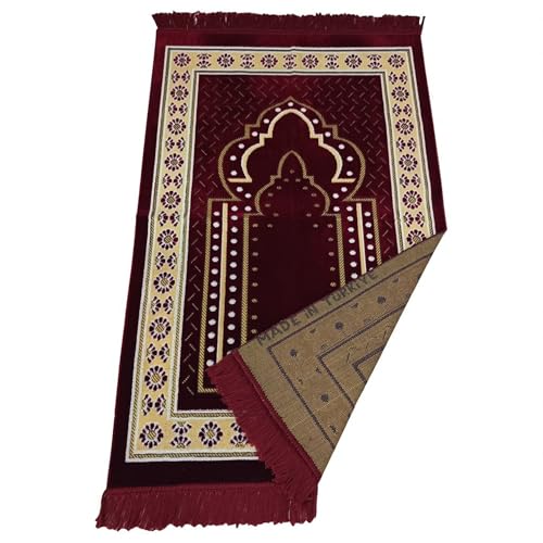Turkish Muslim Prayer Rug, Mat with Beads for Men Women, Ramadan Hajj Gift (RED) - color: Red