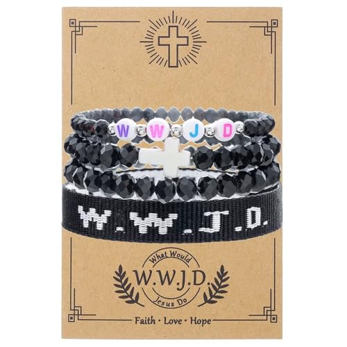 WWJD Bracelets Set WWJD Wristbands Christian Cross Bracelet Stackable Clay Bead Bracelets Stretch Glass Beaded Inspirational Christian Jewelry Gift for Couples Women Men - color: 4 Pcs Black