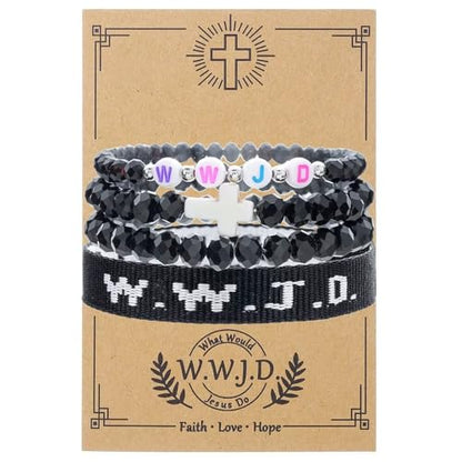 WWJD Bracelets Set WWJD Wristbands Christian Cross Bracelet Stackable Clay Bead Bracelets Stretch Glass Beaded Inspirational Christian Jewelry Gift for Couples Women Men - color: 4 Pcs Black