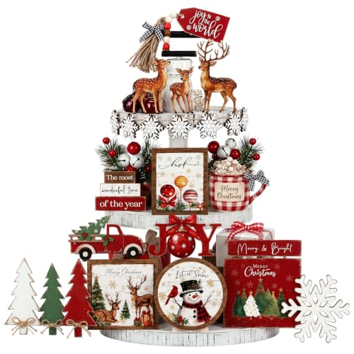Vercraft Christmas Tiered Tray Decor Xmas Wooden Table Decor, Farmhouse - style: Farmhouse Christmas