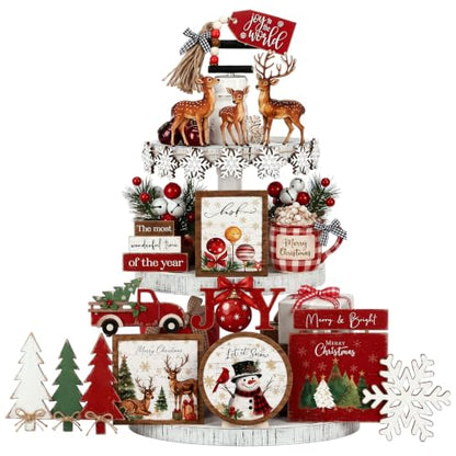 Vercraft Christmas Tiered Tray Decor Xmas Wooden Table Decor, Farmhouse - style: Farmhouse Christmas