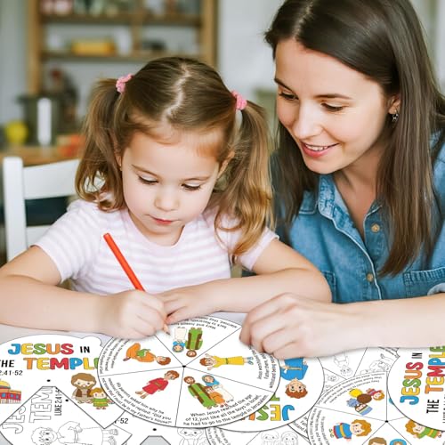 COcnny Easer Religious Coloring Craft- 24 Sets Color Your Own Christian Art Craft DIY Spining Cards for Kids, Jesus in the Temple Paper Craft Art for Sunday School Home Class Bible VBS Activities - style: Jesus in The Temple
