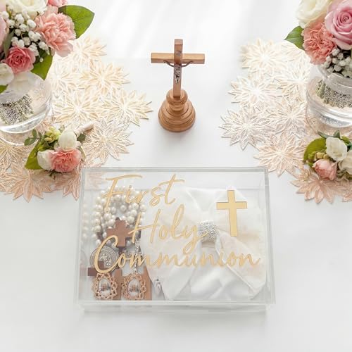 First Communion Keepsake Box Acrylic Baptism Memory Gift Box for Boy Girl Catholic Religious First Holy Communion Prayer Storage Gift for Rosary Jewelry Memento Photo, 8 x 5.5 x 2.36 Inch