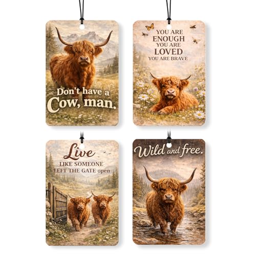 Highland Cow Car Air Freshener 4 Pack,Funny Highland Cow Hanging Scented Fresheners with Inspirational Quotes for Car Mirror,Farm Animal Air Fresheners for Cars, Home,Closet Decor for Women Men - color: Highland Bull