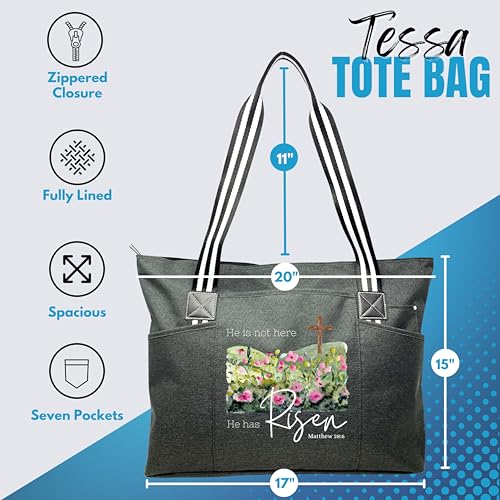 Brooke & Jess Designs Church Bags for Women - Bible Tote Bags for Women, Large Tote Bag for Womens with Zipper - color: Black Tessa He is Risen