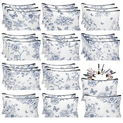 30Pcs Blue and White Floral Makeup Bag Floral Cosmetic Bags Bulk for Women Chinoiserie Wildflower Canvas Travel Toiletry Pouch for Bridesmaids Wedding Bridal Shower Birthday Party Supplies - style: Blue Floral