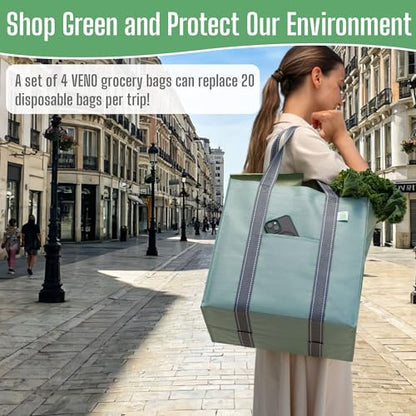 VENO 4 Pack Large Grocery Bag Reusable Shopping Bags with Hard Bottom - color: Light Green