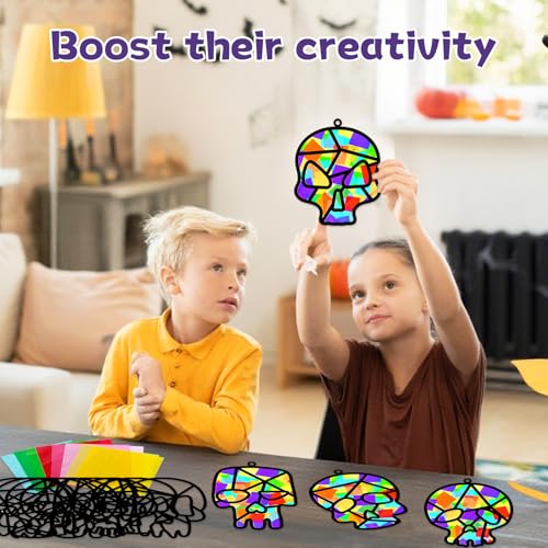 Lonfliness 32 Sets Sugar Skull Suncatchers Crafts Kit DIY Day of The Dead Window Stained Glass Effect Paper Halloween Dia de Los Muertos Easter Art Craft Creative Activity Project Gift Favor - style: Halloween Skull