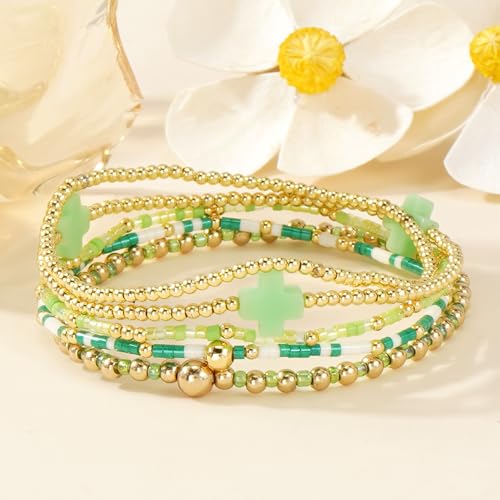 Gold Beaded Bracelets Stack for Women Stackable 14K Gold Plated Beads Ball Cross Bracelet Boho Christian Jewelry Faith Friendship Birthday Gifts for Women - color: Green