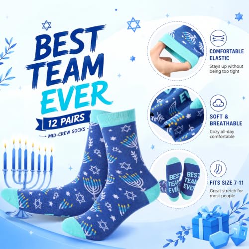 Glitopper 12 Pairs Best Team Ever Gift Socks Bulk - color: Hanukkah, style: Team